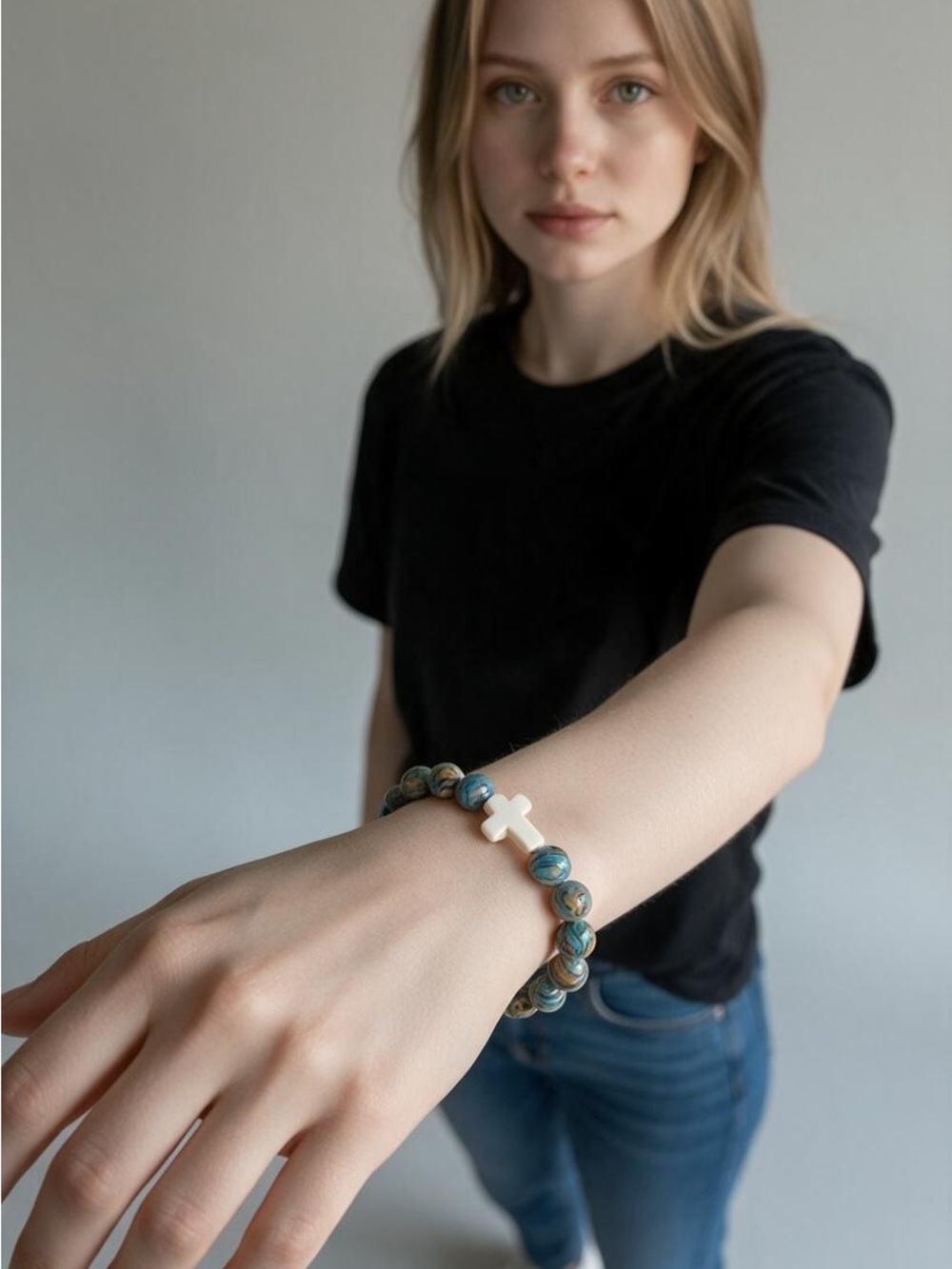 11/5 Beaded Blue Jasper Bracelet with White Cross Accent